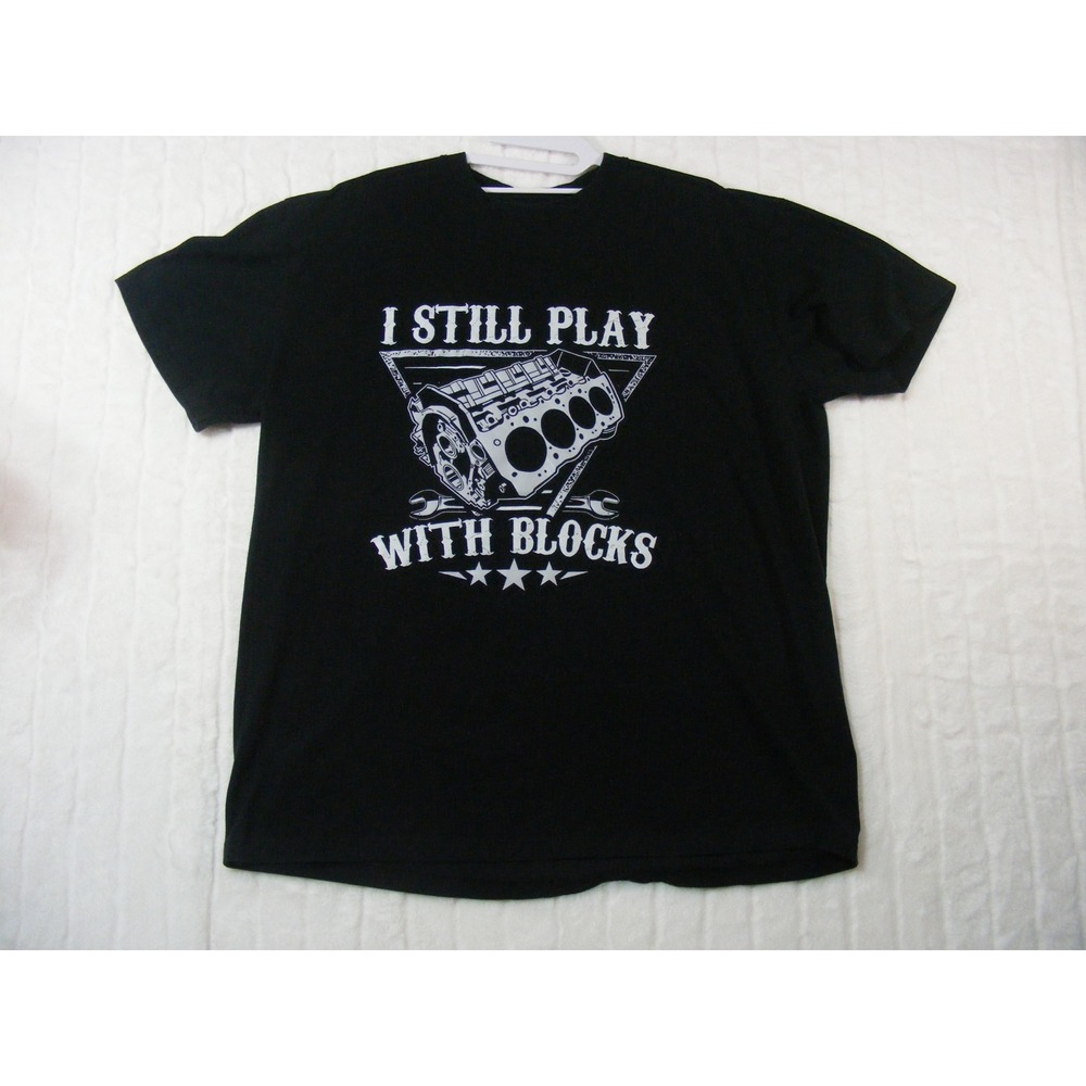Unbranded Graphic Tee Mens XL Black Excellent I Still Play With Blocks Engine